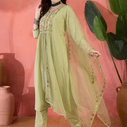 Sangria Floral Embroidered Empire Thread Work Straight Kurta with Trouser & Dupatta image 2