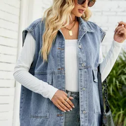 Oh Rare Spread Collar Sleeveless Longline Pockets Denim Jacket image 4