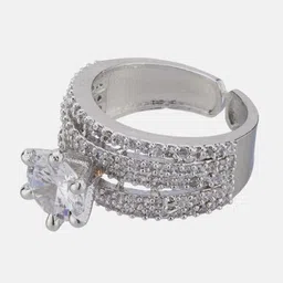 ATIBELLE Silver-Plated Cubic Zirconia-Studded Adjustable Finger Ring image 2