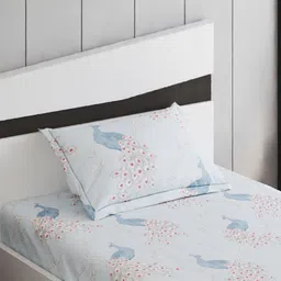 Home Centre Juniper Blue & White Ethnic Printed 160 TC Single Bedsheet Set 2.18 m x 1.52 m image 2