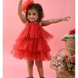 Saka Designs By Sapna Singlet Sleeves Net Glitter Printed Layered Party Frock - Red-picture-23