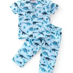 Babyhug Cotton Woven Half Sleeves Collar Neck Night Suit with Dino Print - Blue-picture-15