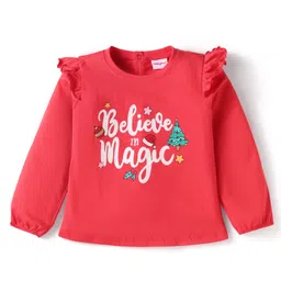 Babyhug Cotton Knit Full Peasant Sleeves Believe in Magic Printed Top with Frill Detailing - Red-picture-37