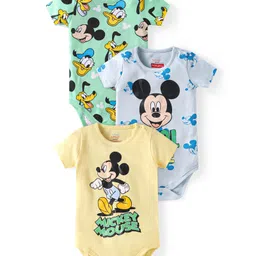 Babyhug Disney Interlock Knit Half Sleeves Onesies With Mickey Mouse Graphics Pack of 3 - Yellow Grey & Green-picture-25
