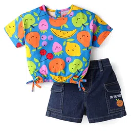 Babyhug Single Jersey Knit Half Sleeves Fruit Printed Top & Embroidered Denim Shorts Set - Blue-picture-26