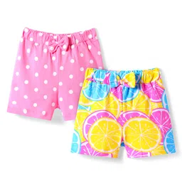 Babyhug Single Jersey Knit Mid Thigh Shorts With Polka Dot & Fruit Print & Bow Applique Pack of 2 - Pink & Yellow-picture-14