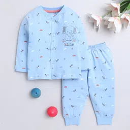 BUMZEE Cotton Knit Full Sleeves Paper Plane & Elephant Printed Co-ords Night Suit - Light Blue-image-11