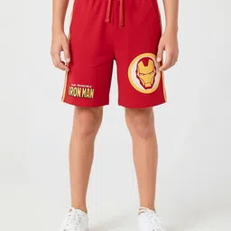 Pine Kids Marvel 100% Cotton Knee Length Shorts With Avengers Iron Man Graphics & Tape Detailing - Red-picture-18