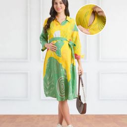 Bella Mama Viscose Woven Three Fourth Sleeves Front Open Maternity Shirt Dress With Tropical Theme Print - Yellow-picture-42