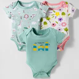 OHMS Single Jersey Knit Half Sleeves Onesies with Animal & Floral Print Pack of 3 - Light Green & White-picture-17