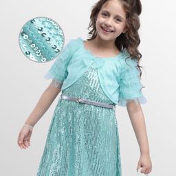Hola Bonita Knit Half Ruffled Sleeves Party Dress with Shrug & Belt All Over Sequin Glitter & Mesh Detailing - Aqua Blue-picture-6