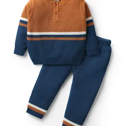 Babyhug Knitted Full Sleeves Sweater Set with Henley Neck & Color Block Design - Ochre Brown & Navy Blue-picture-11