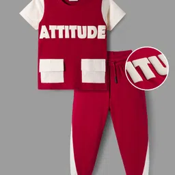 OLLINGTON ST. Cotton Knit Half Sleeves Attitude Text Printed T-Shirt & Joggers Set - Red & White-image-20