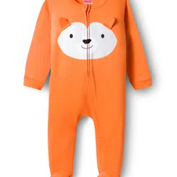 Babyhug Cotton Knit Full Sleeves Footed Sleepsuit With Animal Face Print & Ear Applique - Orange-picture-23