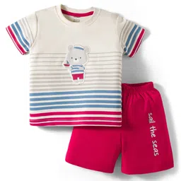CUCUMBER Interlock Knit Half Sleeves Striped T-Shirt & Shorts Set with Bear Patch Detailing - Red-picture-23