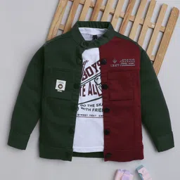 Ministitch Denim Woven Full Sleeves Typography Printed & Colour Blocked Jacket With Tee Set - Maroon-picture-15