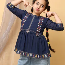 ISHTI Woven Three Fourth Sleeves Floral Embroidered Top - Navy Blue-picture-16
