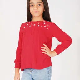 Creative Kids Viscose Rayon Woven Full Sleeves Floral Embroidered Top - Red & White-picture-27