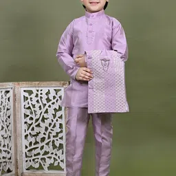 BT DEZINES Boys Band Collar Straight Cotton Silk Kurta With Trousers & Nehru Jacket image 5