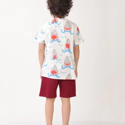 Anthrilo Cotton Knit Half Sleeves Sharks Printed Tee & Shorts Set - White & Maroon image 3
