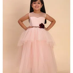 Toy Balloon Kids Net Woven Sleeveless Floral Applique Detailed & Beaded Gown - Light Peach image 4