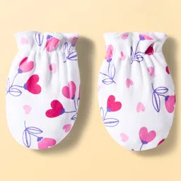Babyhug 100% Cotton Interlock Knit Cap Mittens & Booties Set With Heart Print White - Diameter 9 cm image 4