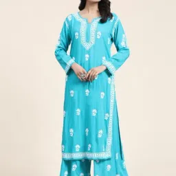 House Of Kari Noor Premium Hand Embroidery Chikankari Rayon Co-Ord Set Sea Blue-image-48