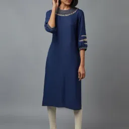 W Blue Embroidered Straight Kurta-image-48