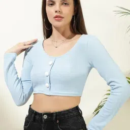 Kotty Light Blue Polyster Solid Full Sleeves Crop Top-image-6