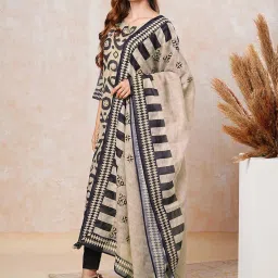 Fashor Beige & Blue Cotton Printed Straight Kurta With Dupatta image 4