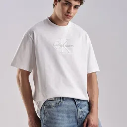CALVIN KLEIN JEANS White Embroidered Logo Relaxed Fit Cotton T-Shirt image 4