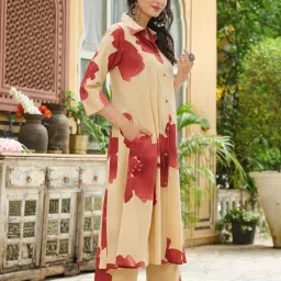 Kaftanize Beige And Rust Bold Abstract Flower Printed Relaxed Fit Straight Kurta And Pant Set image 4