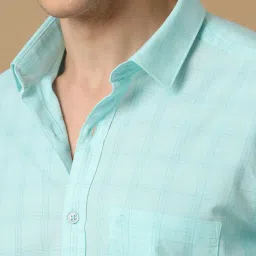 CAVALLO by Linen Club Turquoise Contemporary Fit Check Shirt image 4