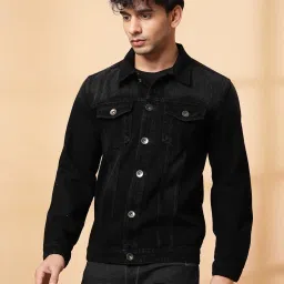 Rigo Black Regular Fit Solid Rugged Denim Jacket image 4