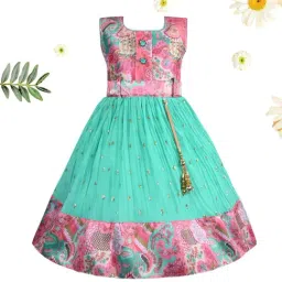 Wish Karo Girls Light Green Floral Print Party Dress-picture-11