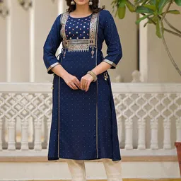 Juniper Round Neck Ethnic Motifs Printed Gotta Patti Regular Straight Kurta-image-50