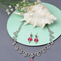 Zeneme Silver Plated Cubic Zirconia Studded Teardrop Shaped Jewellery Set-picture-36