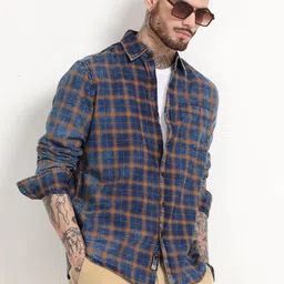 SILISOUL Men Classic Spread Collar Tartan Checked Denim Slim Fit Casual Shirt image 1