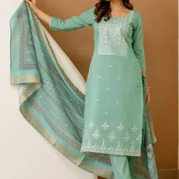 Trendmalls Women Ethnic Motifs Embroidered Regular Thread Work Kurta with Trousers & With Dupatta image 3