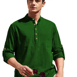 Navkanj Band Collar Roll-Up Sleeves Cotton Straight Short Kurta image 1
