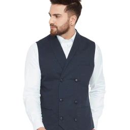 Hypernation Navy Printed Slim Fit Sleeveless Waistcoat-picture-13