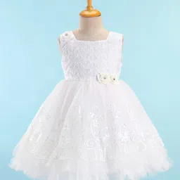 Bluebell Net Sleeveless Party Frock with Floral Applique - White-picture-21