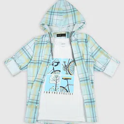 CAVIO Cotton Full Sleeves Checked Hooded Shirt With Tee - Sky Blue image 1