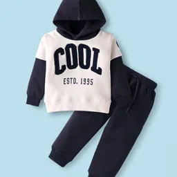 Pepito Fleece Knit Full Doctor Sleeves Winter Wear Hooded Sweatshirt & Lounge Pant Set With Text Print - White & Navy Blue-image-0