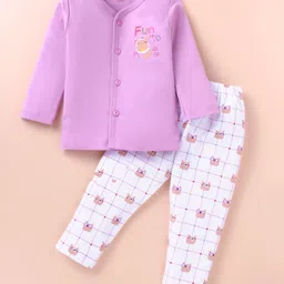 Simply Interlock Knit Full Sleeves Front Open Night Suit With Checks & Bear Print - Mauve & White-image-21