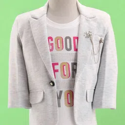 Rikidoos Full Sleeves Solid Blazer With Typography Printed Tee - Melange & White-picture-17