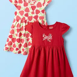 Babyhug Single Jersey Knit Cap Sleeves Fruit Printed Frocks Pack of 2 - Red & White-picture-11