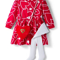 Babyhug Cotton Woven Full Sleeves Frock & Legging With Heart Shaped Sling Bag & Heart Print - Red & White-image-40