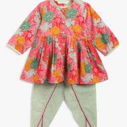 Campana 100% Cotton Woven Full Sleeves Floral Printed Dhoti Kurta Set - Pink & Pista Green-picture-0