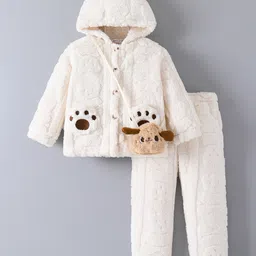 Mark & Mia Full Sleeves Winter Wear Hooded Night Suit With Paw Applique Detailing & Sling Bag - Cream-picture-38